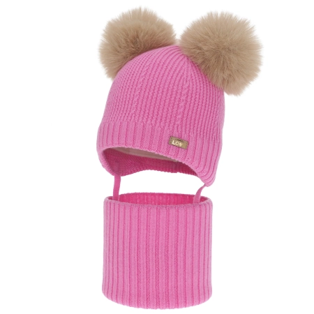 Czapka i komin dla dziewczynki, zimowy komplet, różowy, 100% wełniany merino, podszyty polarem wełnianym, Lumia-3