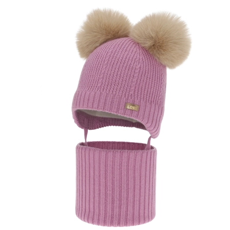 Czapka i komin dla dziewczynki, zimowy komplet, fioletowy, 100% wełniany merino, podszyty polarem wełnianym, Lumia-1