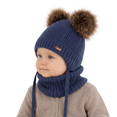 Czapka i komin dla chłopca, zimowy komplet, ciemnoniebieski, 100% wełniany merino, podszyty polarem wełnianym, Lumio-1