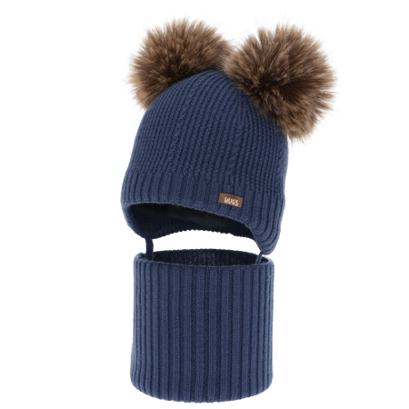 Czapka i komin dla chłopca, zimowy komplet, ciemnoniebieski, 100% wełniany merino, podszyty polarem wełnianym, Lumio-2