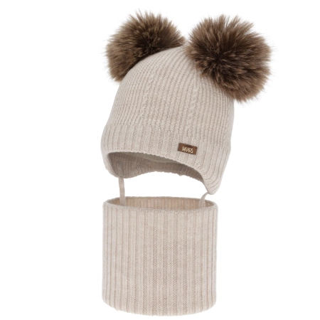 Czapka i komin dla chłopca, zimowy komplet, beżowy, 100% wełniany merino, podszyty polarem wełnianym, Lumio-1