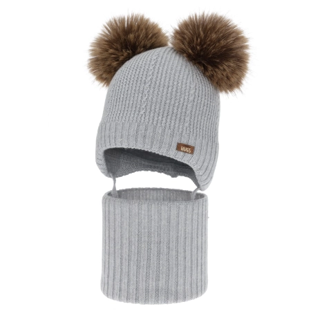 Czapka i komin dla chłopca, zimowy komplet, szary, 100% wełniany merino, podszyty polarem wełnianym, Lumio-1