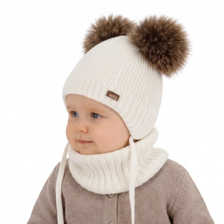 Czapka i komin dla chłopca, zimowy komplet, kremowy, 100% wełniany merino, podszyty polarem wełnianym, Lumio-1