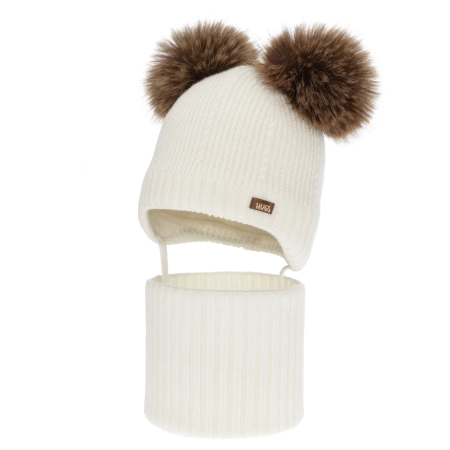 Czapka i komin dla chłopca, zimowy komplet, kremowy, 100% wełniany merino, podszyty polarem wełnianym, Lumio-2