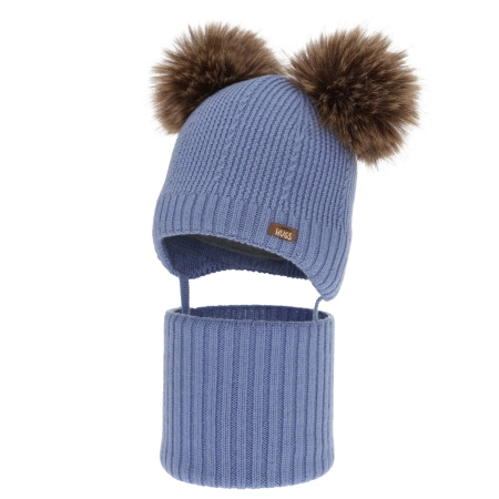Czapka i komin dla chłopca, zimowy komplet, niebieski, 100% wełniany merino, podszyty polarem wełnianym, Lumio-1