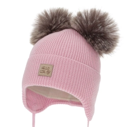 Czapka zimowa dla dziewczynki, różowa, 100% wełniana merino, podszyta wełnianym polarem, wiązana Trudina-1