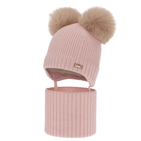 Czapka i komin dla dziewczynki, zimowy komplet, różowy, 100% wełniany merino, podszyty polarem wełnianym, Lumia-2
