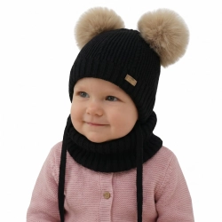Czapka i komin dla dziewczynki, zimowy komplet, czarny, 100% wełniany merino, podszyty polarem wełnianym, Lumia-1