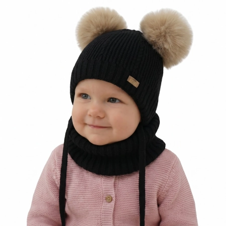 Czapka i komin dla dziewczynki, zimowy komplet, czarny, 100% wełniany merino, podszyty polarem wełnianym, Lumia-1