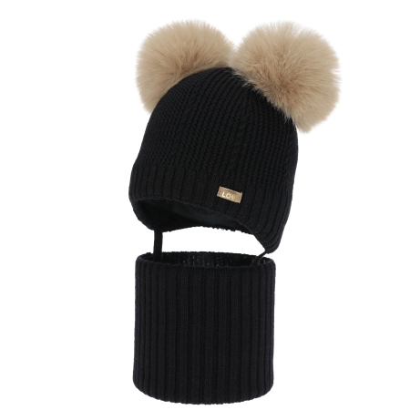 Czapka i komin dla dziewczynki, zimowy komplet, czarny, 100% wełniany merino, podszyty polarem wełnianym, Lumia-2