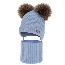 Czapka i komin dla chłopca, zimowy komplet, błękitny, 100% wełniany merino, podszyty polarem wełnianym, Lumio-1