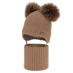 Czapka i komin dla chłopca, zimowy komplet, camel, 100% wełniany merino, podszyty polarem wełnianym, Lumio-1