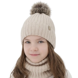 Czapka i komin dla dziewczynki zimowy komplet, 100% wełniany merino, podszyty bawełną, z pomponem, beżowy,  Terida-1