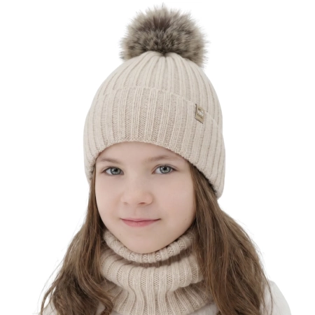 Czapka i komin dla dziewczynki zimowy komplet, 100% wełniany merino, podszyty bawełną, z pomponem, beżowy,  Terida-1