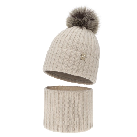 Czapka i komin dla dziewczynki zimowy komplet, 100% wełniany merino, podszyty bawełną, z pomponem, beżowy,  Terida-2