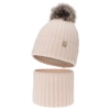 Czapka i komin dla dziewczynki zimowy komplet, 100% wełniany merino, podszyty bawełną, z pomponem, jasnoróżowy, Terida-2