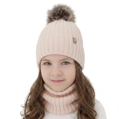 Czapka i komin dla dziewczynki zimowy komplet, 100% wełniany merino, podszyty bawełną, z pomponem, jasnoróżowy, Terida-1