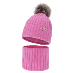 Czapka i komin dla dziewczynki zimowy komplet, 100% wełniany merino, podszyty bawełną, z pomponem, różowy, Terida-1