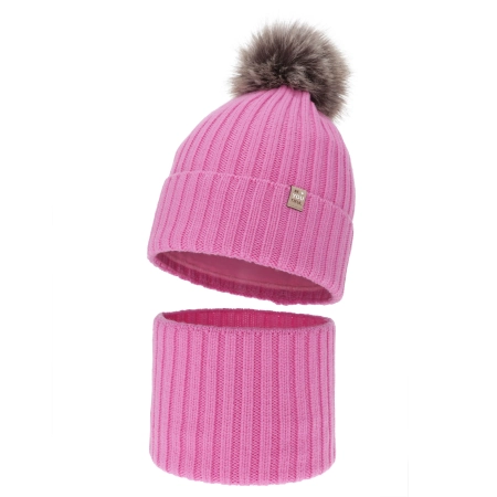 Czapka i komin dla dziewczynki zimowy komplet, 100% wełniany merino, podszyty bawełną, z pomponem, różowy, Terida-1
