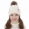 Czapka i komin dla dziewczynki zimowy komplet, 100% wełniany merino, podszyty bawełną, z pomponem, kremowy, Terida-1