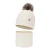 Czapka i komin dla dziewczynki zimowy komplet, 100% wełniany merino, podszyty bawełną, z pomponem, kremowy, Terida-2