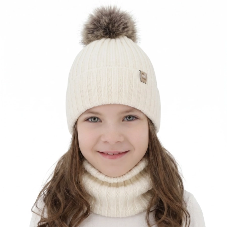 Czapka i komin dla dziewczynki zimowy komplet, 100% wełniany merino, podszyty bawełną, z pomponem, kremowy, Terida-1