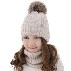 Czapka i komin dla dziewczynki zimowy komplet, 100% wełniany merino, podszyty bawełną, z pomponem, beżowy,  Terida-1