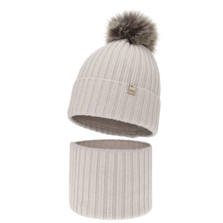Czapka i komin dla dziewczynki zimowy komplet, 100% wełniany merino, podszyty bawełną, z pomponem, beżowy,  Terida-2