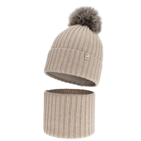 Czapka i komin dla dziewczynki zimowy komplet, 100% wełniany merino, podszyty bawełną, z pomponem, beżowy, Terida-2