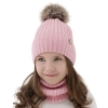 Czapka i komin dla dziewczynki zimowy komplet, 100% wełniany merino, podszyty bawełną, z pomponem, różowy, Terida-5