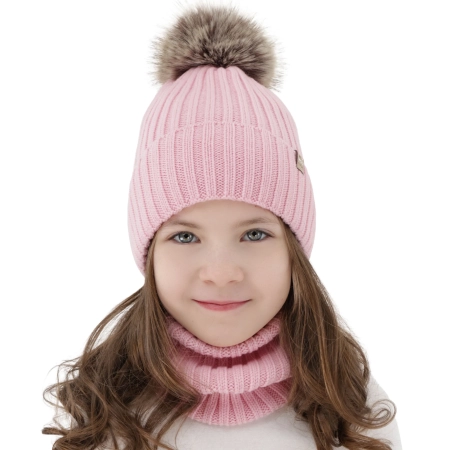Czapka i komin dla dziewczynki zimowy komplet, 100% wełniany merino, podszyty bawełną, z pomponem, różowy, Terida-1
