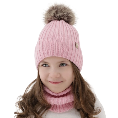 Czapka i komin dla dziewczynki zimowy komplet, 100% wełniany merino, podszyty bawełną, z pomponem, różowy, Terida-5