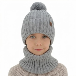 Czapka i komin dla chłopca, zimowy komplet, 100% wełniany merino, z podszyciem bawełnianym, jasnoszary Tolmar-1