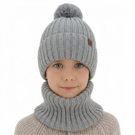 Czapka i komin dla chłopca, zimowy komplet, 100% wełniany merino, z podszyciem bawełnianym, jasnoszary Tolmar-1
