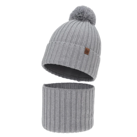 Czapka i komin dla chłopca, zimowy komplet, 100% wełniany merino, z podszyciem bawełnianym, jasnoszary Tolmar-2