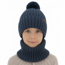 Czapka i komin dla chłopca, zimowy komplet, 100% wełniany merino, z podszyciem bawełnianym, ciemnoniebieski Tolmar-1
