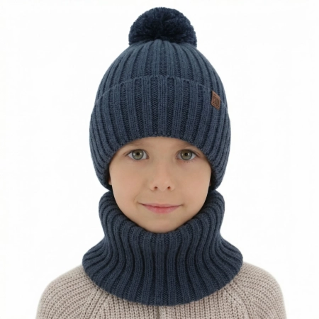 Czapka i komin dla chłopca, zimowy komplet, 100% wełniany merino, z podszyciem bawełnianym, ciemnoniebieski Tolmar-1