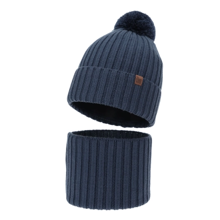 Czapka i komin dla chłopca, zimowy komplet, 100% wełniany merino, z podszyciem bawełnianym, ciemnoniebieski Tolmar-2
