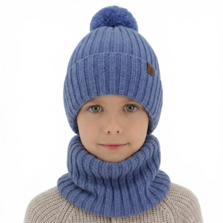 Czapka i komin dla chłopca, zimowy komplet, 100% wełniany merino, z podszyciem bawełnianym, niebieski Tolmar-1