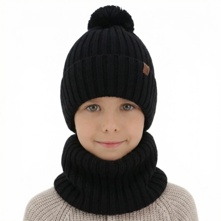 Czapka i komin dla chłopca, zimowy komplet, 100% wełniany merino, z podszyciem bawełnianym, czarny Tolmar-1