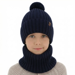 Czapka i komin dla chłopca, zimowy komplet, 100% wełniany merino, z podszyciem bawełnianym, granatowy Tolmar-1