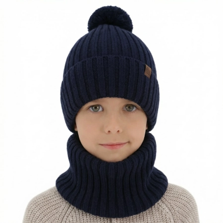 Czapka i komin dla chłopca, zimowy komplet, 100% wełniany merino, z podszyciem bawełnianym, granatowy Tolmar-1