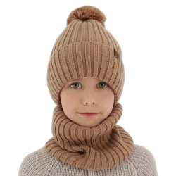Czapka i komin dla chłopca, zimowy komplet, 100% wełniany merino, z podszyciem bawełnianym, camel Tolmar-1