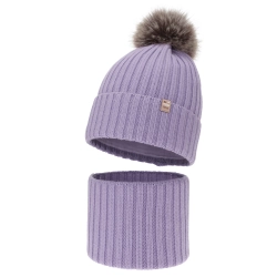 Czapka i komin dla dziewczynki zimowy komplet, 100% wełniany merino, podszyty bawełną, z pomponem, fioletowy, Terida-1