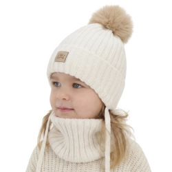 Czapka i komin dla dziewczynki, zimowy komplet, biały, 100% wełniany merino, wiązany, podszyty bawełną, Malesia-1