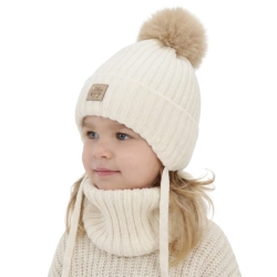 Czapka i komin dla dziewczynki, zimowy komplet, kremowy, 100% wełniany merino, wiązany, podszyty bawełną, Malesia-1