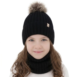 Czapka i komin dla dziewczynki zimowy komplet, 100% wełniany merino, podszyty bawełną, z pomponem, czarny, Terida-1