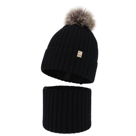 Czapka i komin dla dziewczynki zimowy komplet, 100% wełniany merino, podszyty bawełną, z pomponem, czarny, Terida-2