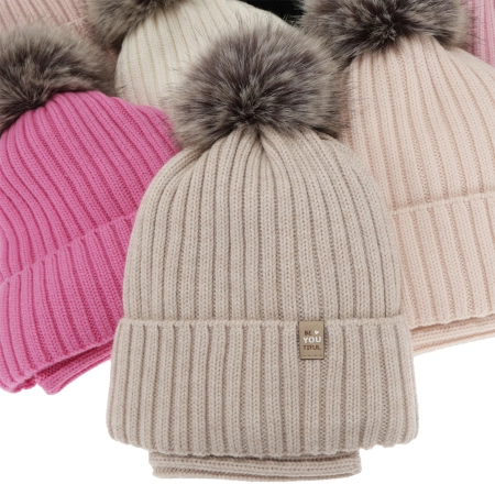 Czapka i komin dla dziewczynki zimowy komplet, 100% wełniany merino, podszyty bawełną, z pomponem, czarny, Terida-3