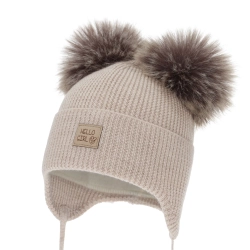 Czapka zimowa dla dziewczynki, beżowa, 100% wełniana merino, podszyta wełnianym polarem, wiązana Trudina-1